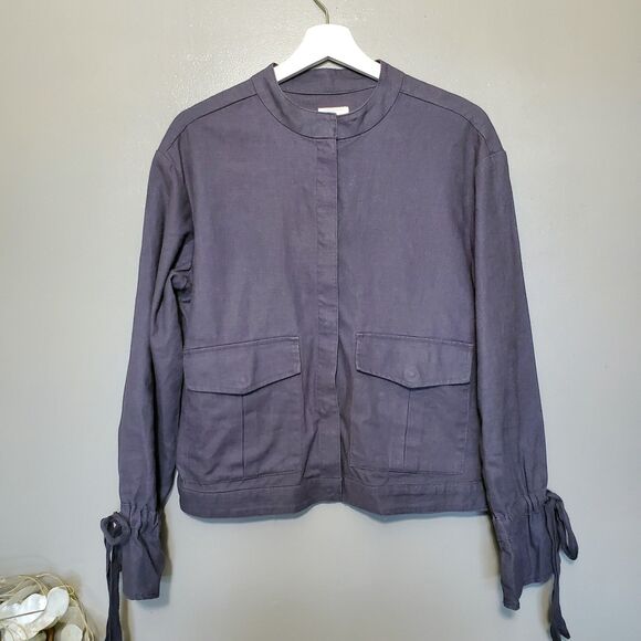 Caslon Linen Blend Jacket Size Small Gray Snap Button Pockets Light Utility - Picture 1 of 10